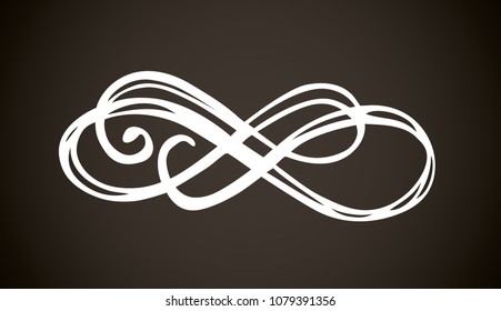 Old cute romantic book ribbon bow swirly tag swoosh element set isolated on dark black board  backdrop. Freehand white chalk outline drawn curly logo sketchy in artistic rustic curlicue scrawl style