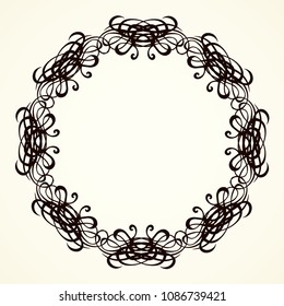 Old cute romantic book ribbon bow swirly tag swoosh element isolated on white paper card backdrop. Freehand black ink pen outline drawn curly corner sketchy in artistic rustic curlicue scrawl style
