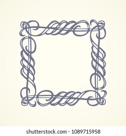 Old cute romantic book ribbon bow swirly tag swoosh element isolated on white paper card backdrop. Freehand black ink pen outline drawn curly corner sketchy in artistic rustic curlicue scrawl style