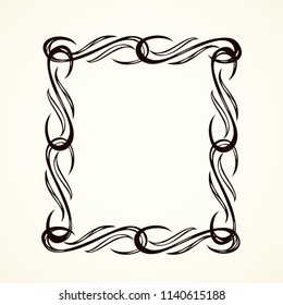 Old cute romantic book ribbon bow swirly tag swoosh element isolated on white paper card backdrop. Freehand black ink pen outline drawn curly corner sketchy in artistic rustic curlicue scrawl style