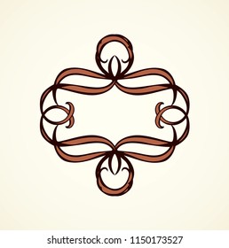 Old cute romantic book ribbon bow swirly tag swoosh element isolated on white paper card backdrop. Freehand black ink pen outline drawn curly corner sketchy in artistic rustic curlicue scrawl style