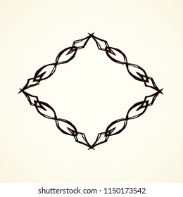Old cute romantic book ribbon bow swirly tag swoosh element isolated on white paper card backdrop. Freehand black ink pen outline drawn curly corner sketchy in artistic rustic curlicue scrawl style