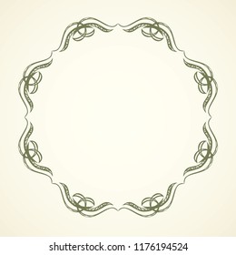 Old cute romantic book ribbon bow swirly tag swoosh element isolated on white paper card backdrop. Freehand black ink pen outline drawn curly corner sketchy in artistic rustic curlicue scrawl style