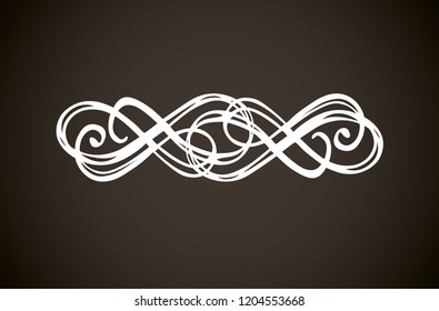 Old cute romantic book ribbon bow swirly tag swoosh element set isolated on dark black board  backdrop. Freehand white chalk outline drawn curly logo sketchy in artistic rustic curlicue scrawl style