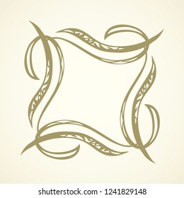 Old cute romantic book ribbon bow swirly tag swoosh element isolated on white paper card backdrop. Freehand black ink pen outline drawn curly corner sketchy in artistic rustic curlicue scrawl style