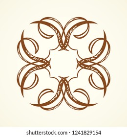 Old cute romantic book ribbon bow swirly tag swoosh element isolated on white paper card backdrop. Freehand black ink pen outline drawn curly corner sketchy in artistic rustic curlicue scrawl style