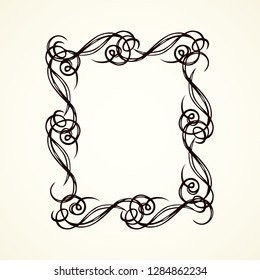 Old cute romantic book ribbon bow swirly tag swoosh element isolated on white paper card backdrop. Freehand black ink pen outline drawn curly corner sketchy in artistic rustic curlicue scrawl style