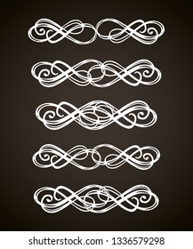 Old cute romantic book ribbon bow swirly tag swoosh element set isolated on dark black board  backdrop. Freehand white chalk outline drawn curly logo sketchy in artistic rustic curlicue scrawl style