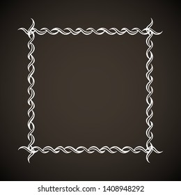 Old cute romantic book ribbon bow swirly tag swoosh badge element isolated on dark black board backdrop. Freehand white chalk outline drawn curly logo sketchy in artistic rustic curlicue scrawl style