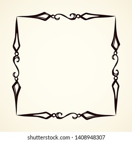 Old cute romantic book ribbon bow swirly tag swoosh element isolated on white paper card backdrop. Freehand black ink pen outline drawn curly corner sketchy in artistic rustic curlicue scrawl style