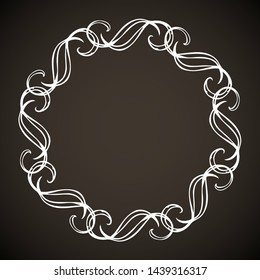Old cute romantic book ribbon bow swirly tag swoosh element isolated on dark board backdrop. Freehand white chalk outline drawn curly logo sketchy symbol icon in artistic rustic curlicue scrawl style