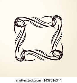 Old cute romantic book ribbon bow swirly tag swoosh element isolated on white paper card backdrop. Freehand black ink pen outline drawn curly corner sketchy in artistic rustic curlicue scrawl style