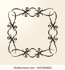 Old cute romantic book ribbon bow swirly tag swoosh element isolated on white paper card backdrop. Freehand black ink pen outline drawn curly corner sketchy in artistic rustic curlicue scrawl style