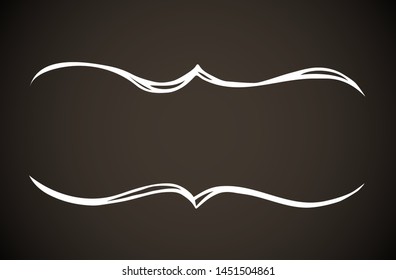 Old cute romantic book ribbon bow swirly tag swoosh element set isolated on dark black board  backdrop. Freehand white chalk outline drawn curly logo sketchy in artistic rustic curlicue scrawl style