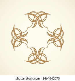 Old cute romantic book ribbon bow swirly tag swoosh element isolated on white paper card backdrop. Freehand brown ink pen outline drawn curly corner sketchy in artistic rustic curlicue scrawl style