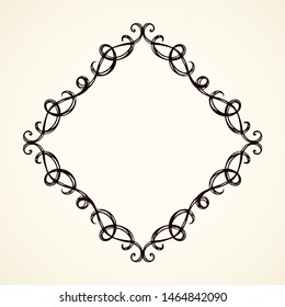 Old cute romantic book ribbon bow swirly tag swoosh element isolated on white paper card backdrop. Freehand black ink pen outline drawn curly corner sketchy in artistic rustic curlicue scrawl style