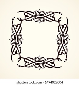 Old cute romantic book ribbon bow swirly tag swoosh element isolated on white paper card backdrop. Freehand black ink pen outline drawn curly corner sketchy in artistic rustic curlicue scrawl style