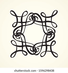 Old cute romantic book ribbon bow swirly tag swoosh element isolated on white paper card backdrop. Freehand black ink pen outline drawn curly corner sketchy in artistic rustic curlicue scrawl style