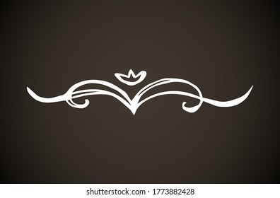 Old cute romantic book ribbon bow swirly tag swoosh element set isolated on dark black board  backdrop. Freehand white chalk outline drawn curly logo sketchy in artistic rustic curlicue scrawl style