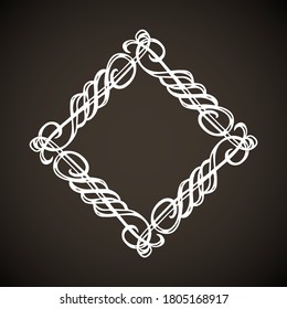 Old cute romantic book ribbon bow swirly tag swoosh element isolated on dark black board backdrop. Freehand white chalk outline drawn curly logo sketchy in artistic rustic curlicue scrawl style