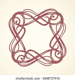 Old cute romantic book ribbon bow swirly tag swoosh element isolated on white paper card backdrop. Freehand black ink pen outline drawn curly corner sketchy in artistic rustic curlicue scrawl style