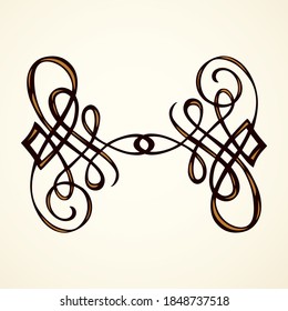 Old cute romantic book ribbon bow swirly tag swoosh element set isolated on white paper card backdrop. Freehand black ink pen outline drawn curly logo sketchy in artistic rustic curlicue scrawl style