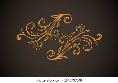 Old cute romantic book ribbon bow swirly tag swoosh element set isolated on dark black board  backdrop. Freehand gold chalk outline drawn curly logo sketchy in artistic rustic curlicue scrawl style