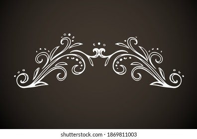 Old cute romantic book ribbon bow swirly tag swoosh element set isolated on dark black board  backdrop. Freehand white chalk outline drawn curly logo sketchy in artistic rustic curlicue scrawl style