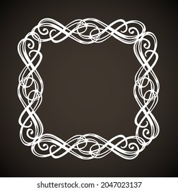 Old cute romantic book ribbon bow swirly tag swoosh element isolated on dark black board backdrop. Freehand white chalk outline drawn curly logo icon sign circle artistic rustic curlicue scrawl style
