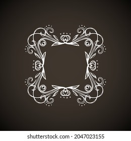 Old cute romantic book ribbon bow swirly tag swoosh element isolated on dark black board backdrop. Freehand white chalk outline drawn curly logo icon sign circle artistic rustic curlicue scrawl style