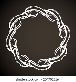 Old cute romantic book ribbon bow swirly tag swoosh element isolated on dark black board backdrop. Freehand white chalk outline drawn curly logo icon sign circle artistic rustic curlicue scrawl style