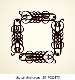 Old cute romantic book ribbon bow swirly tag swoosh element isolated on white paper card backdrop. Freehand black ink pen outline drawn curly corner sketchy in artistic rustic curlicue scrawl style