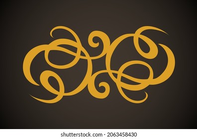 Old cute romantic book ribbon bow swirly tag swoosh element set isolated on dark black board  backdrop. Freehand golden linear outline drawn curly logo sketchy in artistic rustic curlicue scrawl style