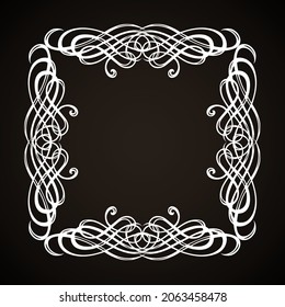 Old cute romantic book ribbon bow swirly tag swoosh element isolated on dark black board backdrop. Freehand white chalk linear outline drawn curly logo sketchy in artistic rustic curlicue scrawl style