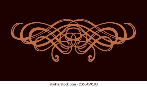 Old cute romantic book ribbon bow swirly tag swoosh element set isolated on dark black board  backdrop. Freehand golden linear outline drawn curly logo sketchy in artistic rustic curlicue scrawl style