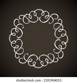 Old cute romantic book ribbon bow swirly tag swoosh element isolated on dark black board backdrop. Freehand white chalk outline drawn curly logo sketchy in artistic rustic curlicue scrawl style