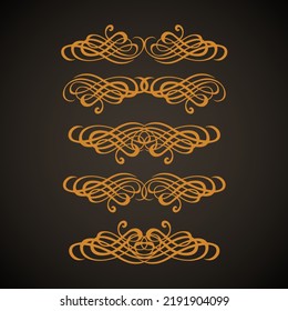 Old cute romantic book ribbon bow swirly tag swoosh element set isolated on dark black board  backdrop. Freehand white chalk outline drawn curly logo sketchy in artistic rustic curlicue scrawl style