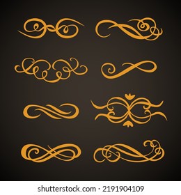 Old cute romantic book ribbon bow swirly tag swoosh element set isolated on dark black board  backdrop. Freehand white chalk outline drawn curly logo sketchy in artistic rustic curlicue scrawl style