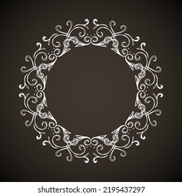 Old cute romantic book ribbon bow swirly tag swoosh element isolated on dark black board backdrop. Freehand white chalk outline drawn curly logo icon sign circle artistic rustic curlicue scrawl style