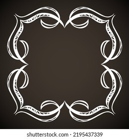 Old cute romantic book ribbon bow swirly tag swoosh element isolated on dark black board backdrop. Freehand white chalk outline drawn curly logo icon sign circle artistic rustic curlicue scrawl style