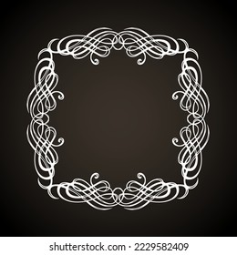 Old cute romantic book ribbon bow swirly tag swoosh element isolated on dark black board backdrop. Freehand white chalk outline drawn curly logo sketchy in artistic rustic curlicue scrawl style