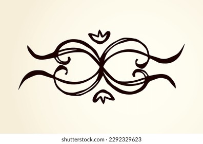 Old cute romantic book ribbon bow swirly tag swoosh element set isolated white paper card backdrop. Freehand black ink pen outline drawn elegant frame curly logo artistic rustic curlicue scrawl style