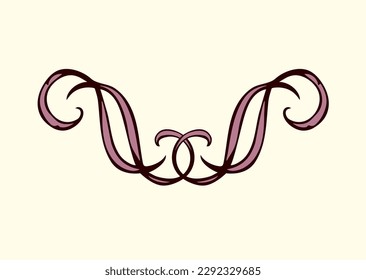 Old cute romantic book ribbon bow swirly tag swoosh element set isolated white paper card backdrop. Freehand black ink pen outline drawn elegant frame curly logo artistic rustic curlicue scrawl style