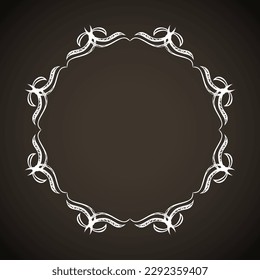 Old cute romantic book ribbon bow swirly tag swoosh element isolated dark black board backdrop. Freehand white chalk outline drawn curly logo elegant wed invite artistic rustic curlicue scrawl style