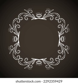 Old cute romantic book ribbon bow swirly tag swoosh element isolated dark black board backdrop. Freehand white chalk outline drawn curly logo elegant wed invite artistic rustic curlicue scrawl style