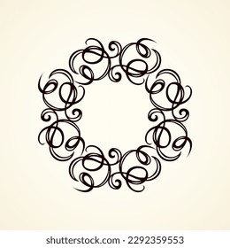 Old cute romantic book ribbon bow swirly tag swoosh element isolated on white paper card backdrop. Freehand black ink pen outline drawn curly corner sketchy in artistic rustic curlicue scrawl style