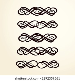Old cute romantic book ribbon bow swirly tag swoosh element set isolated white paper card backdrop. Freehand black ink pen outline drawn elegant frame curly logo artistic rustic curlicue scrawl style