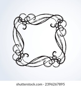 Old cute romantic book ribbon bow swirly tag swoosh element isolated on white paper card backdrop. Freehand black ink pen outline drawn curly corner sketchy in artistic rustic curlicue scrawl style