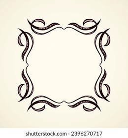 Old cute romantic book ribbon bow swirly tag swoosh element isolated on white paper card backdrop. Freehand black ink pen outline drawn curly corner sketchy in artistic rustic curlicue scrawl style