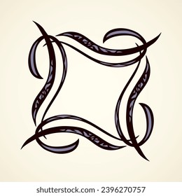 Old cute romantic book ribbon bow swirly tag swoosh element isolated on white paper card backdrop. Freehand black ink pen outline drawn curly corner sketchy in artistic rustic curlicue scrawl style